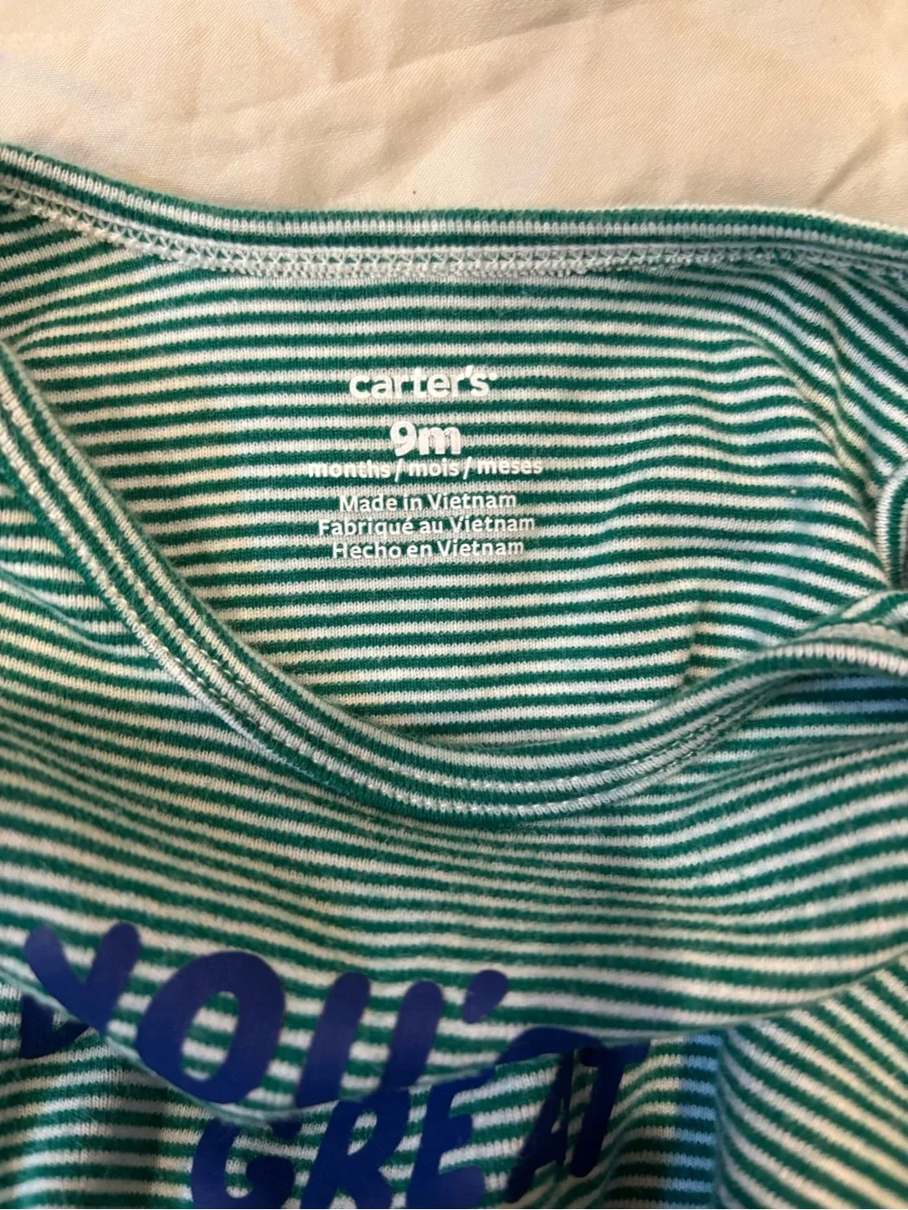 Carter's Green and White Striped Long-Sleeve Bodysuit with Blue Text